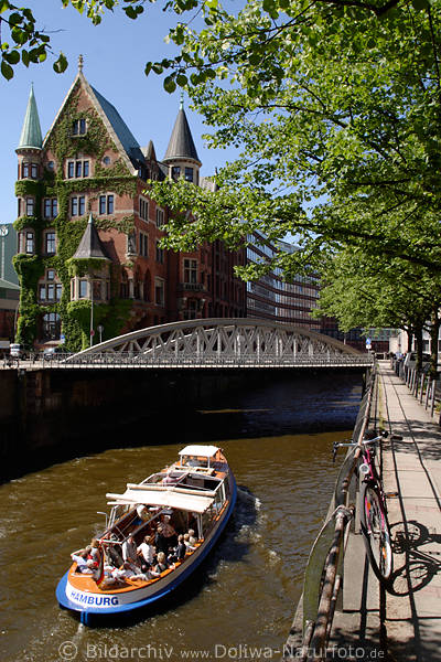 Hamburg St.Annen Schloss Fleet Wasserkanal Schiff Barkasse Speicherstadt Rad am Ufer Ausflug