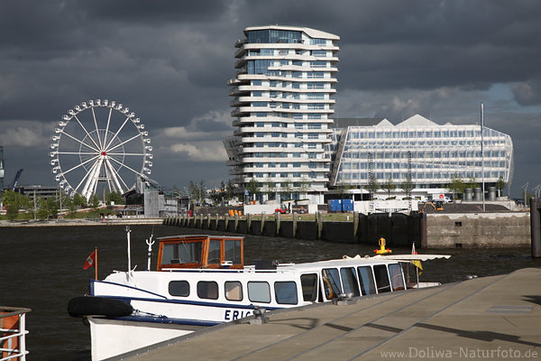 Marco-Polo-Tower in Hafencity Landschaft Lichtstimmung, Schiff Riesenrad, Strandkai Glanz