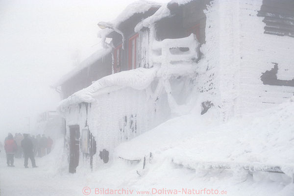 Harz Brockenstation im Schneesturm Verwehungen Frost