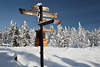 101274_Wegweiser am Urwaldstieg durch Harz Natur im Nationalpark, Schild in Schneelandschaft Winterbild