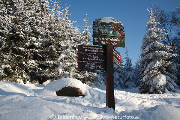 Wegweiser durch Harz Natur Nationalpark Landschaft bunte Schilder im Schnee Winterbilder