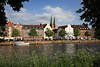 Lübeck Naturufer Untertrave Grünpflanzen am Fluss vor Altstadt mit Kirche