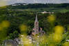 Berleburger Stadtkirche Bild durch verwischte Blumen über grüne Landschaft Foto
