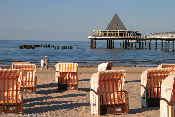 Ostsee Strandk�rbe Spazierg�nger vor Seebr�cke-Pyramide Heringsdorf Urlaubsidylle