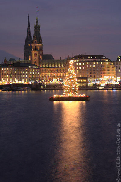 Alster-Weihnachtsbaum schwimmende Tanne auf Seewasser Lichterkette vor Rathaus Kirchturm City-Adventsbild