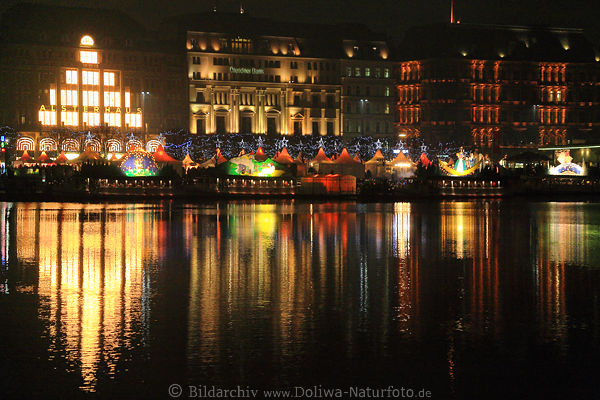 Weihnachtsmarkt Hamburg bunte Nachtlichter Alsterhaus City Romantik Foto Wasser-Spiegelung