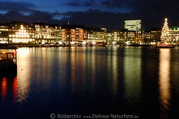 Hamburg AlsterSee Citylichter Advent Nachtpanorama Tannenbaum