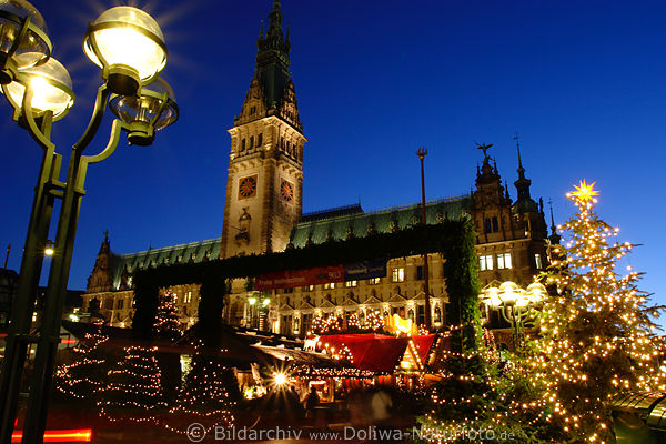 Weihnachtsmarkt vor Hamburger Rathaus Fotos Laternen Tannenbume