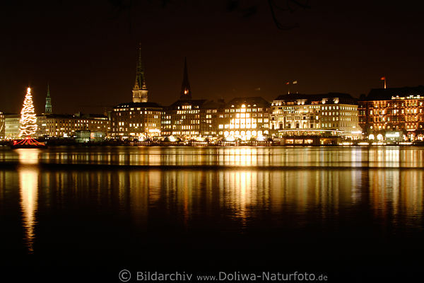 Hamburg Alster Weihnachtsbaum City Lichter Nachtpanorama Adventszeit See Spiegelung