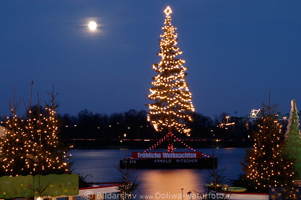 Tannenbaum auf Alster, Christbaum Fotos vor Mond über Binnenalster in Weihnachtszeit Dämmerung