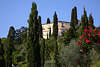 907479_ Bellagio Villa im Zypressen-Garten Bild auf H�gel �ber Lago di Como Bergsee in Italien Ferienort