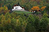 0710_Residenz Villa am Hang Haus hoch im Martelltal bunten Lärchenwald Südtirols Herbst Reisebild