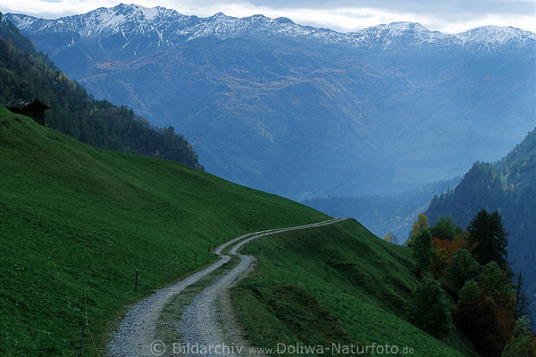 Bergweg an Hangwiese im Sdtiroler Schnalstal Naturfoto Schlucht Abgrund mit Alpen Bergblick