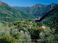 Zypressen Foto im Dezza Tal, Alpi Apuane Bergdorf Foto Toscana Reise, Italien Italia stock photo