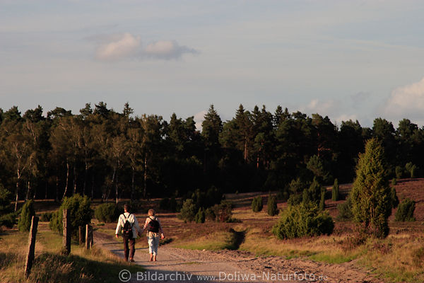 Wander-Paar Hand in Hand gehen auf Naturweg in der Heide