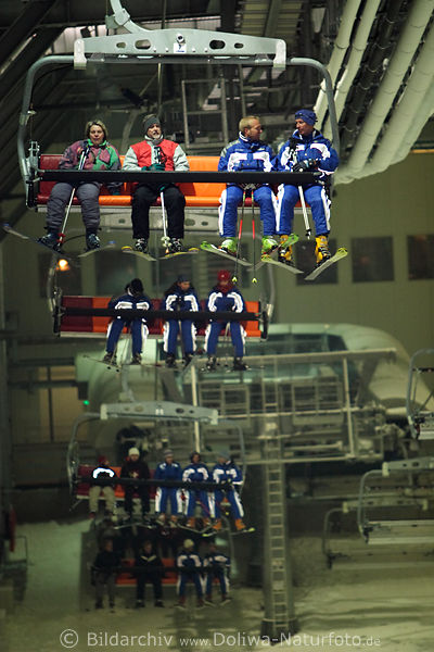 Skilift Sessellift Bnke fr 6 Skifahrer Bergfahrt auf Schneepiste in Bispingen Skihalle