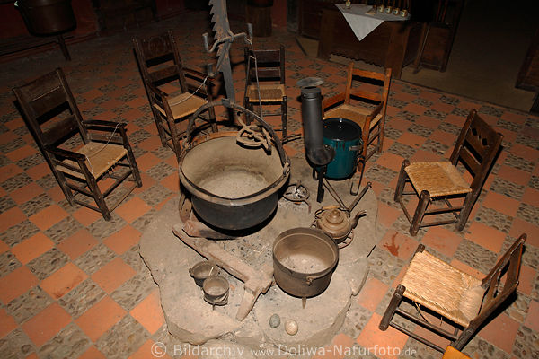 Sthle um Kochstelle mitten im Heidjer Wohnraum Heidemuseum Wilsede