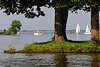 Masuren See-Landschaft Blick durch Baumstmme auf Landzipfel Rotwalde Segelboote in Wasser Panorama Mazury krajobraz