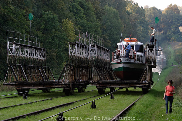 Geneigte Ebene Schiff-Aufschleppe Frderwagons Schienen Stahlseile neben Frau spazieren gehen