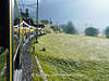 EA-0137_ Reisezug auf Bahnstrecke durch grüne Talwiesen im Berner Kanton und Berner Alpen