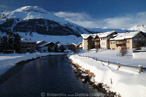 Celerina am Fluss Inn Berg Winterbild Oberengadin Alpen romantische Landschaft Naturfoto