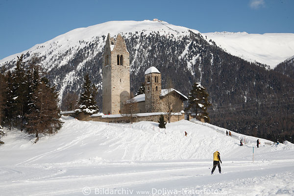 San Gian Kirche Skiloipen Berg Muragl Alpenpanorama Naturfoto Skilufer Winterbild