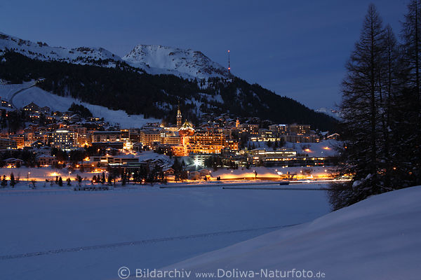 Sankt Moritz Nachtlichter Schneelandschaft Foto Schweiz Moritzersee Alpenstadt Image