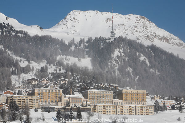 Sankt Moritz Schneesturm am Berg Fernsehturm Winterfoto ber Alpenstadt Kulmhotel Huser