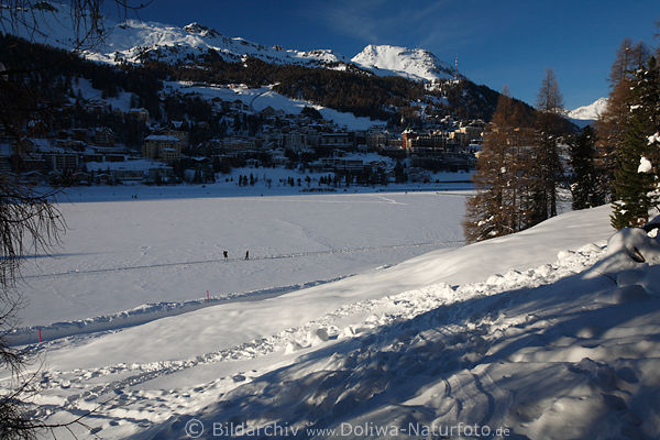 Sankt-Moritz-See Eis Schneeflche Winterbild Berge Alpenlandschaft Weitblick