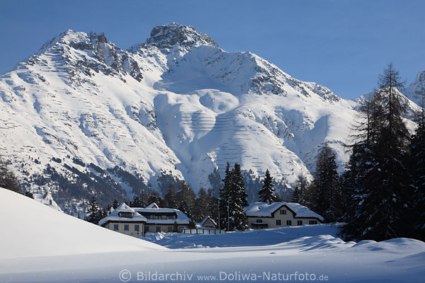 Sankt Moritz Schnee Winterbild Schweizer Berge Weissgipfel um Alpental Hotel Romantik Naturfoto