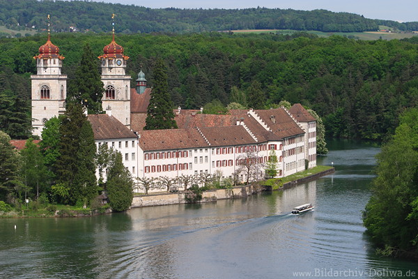 Kloster Rheinau Gebude Bild in Wasser Fluss Rhein Boot am Benediktinerkloster
