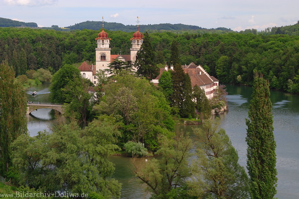 Rheinschleife um Klosterinsel Rheinau Wasser grüne Uferbäume Naturbild vom Fluss