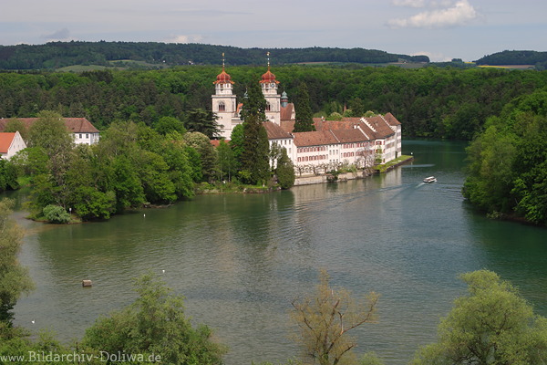 Rheinau Wasserinsel mit Klosterkirche im Fluss Schiff Ausflugsfahrt um Grnufer