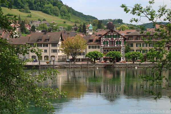 Stein am Rhein Wasserufer Architektur Flusslandschaft Berghang Riegelhaus
