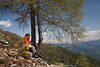 1201845_Mdchen Bergwanderer Foto unter Lrche am Stamm sitzen Frau Bergsicht Naturportrt vor Himmel
