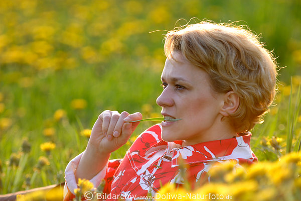 Blondine hbsche Frau im Bltenfeld Foto mit Grashalm im Mund liegen in Blumen