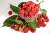 Himbeeren Becher Bild in Blätter, rote Früchte Zweige Fotografie Obst Tellerfood Raspberry