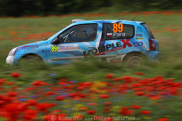 Renault Clio Geschwindigkeit in Rotblumen Rally Mazury Naturpiste Klatschmohnfeld