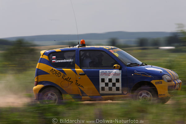 WRC Rally Auto in Bewegung auf Naturrennstrecke in Masuren Landschaft