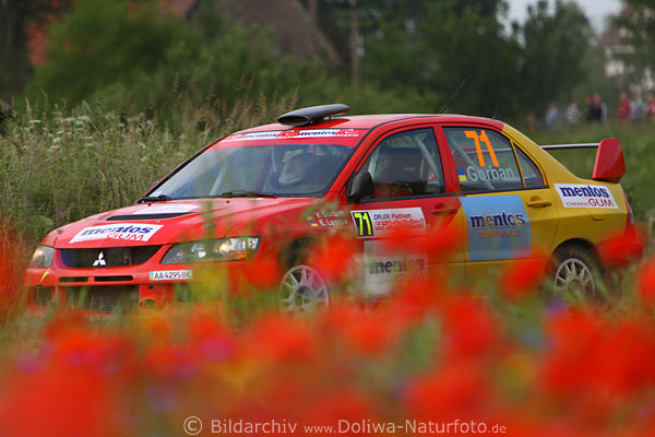 Autorally-Polen roter Rennwagen Mitsubishi in Rotmohn unscharfe Wildblumenblte