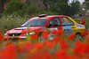 Mitsubishi Rotwagen des Gorban+Leonov Rennfoto in Rotmohn Blumenblüte Sportfoto