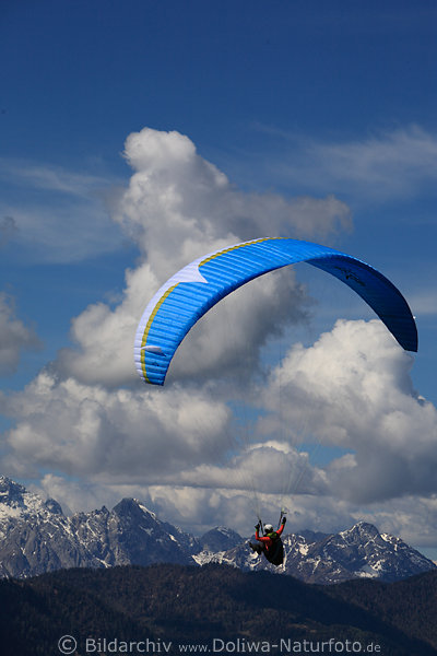 Gleitschirmflieger Flugfoto ber Gipfel in Wolken unter Blauschirm