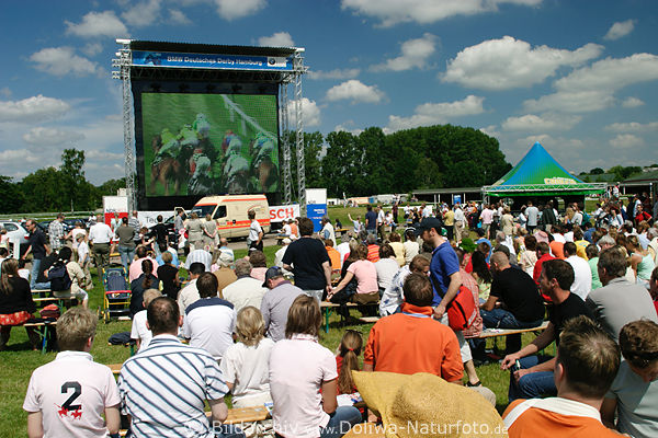 Wettbegeisterte vor Leinwandbild galoppierenden Pferde Hamburger Turfarena Besucher Foto