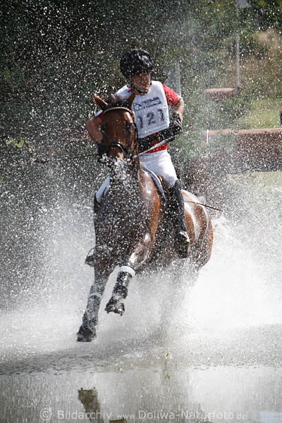 Pferd Rittdusche Wasserritt fliegende Spritz-Tropfen