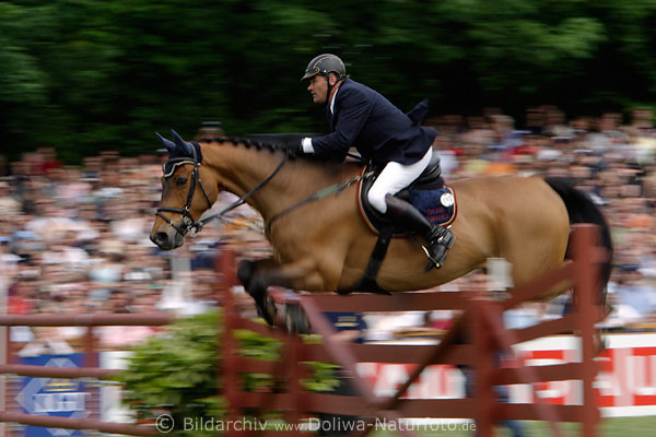 Springreiter-Pferd in Bewegung Foto 703481 ber Hrde Dynamikbild vor Publikum in Unschrfe