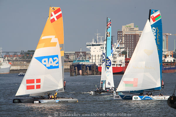 Katamarane Jachtsegel in Hafenkulisse Hamburg Schiffe Elbe Wasser Panorama