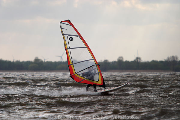 Surfer auf Surfbrett ber Wasserwellen der Elbe surfen, brettern in Wind mit Segel in Hand