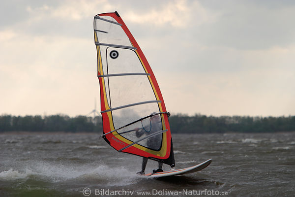 Windsurfer am Rigg - Segel Mast Gabelbaum auf Surfbrett in Elbe bei Kollmar