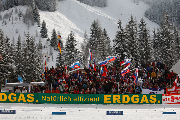 Russische Biathlonfans mit Fahnen in Winterlandschaft
