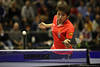 Guo-Yue hübsches China-Star Rückhand am Ball über Netz spielen Tischtennis-Photo